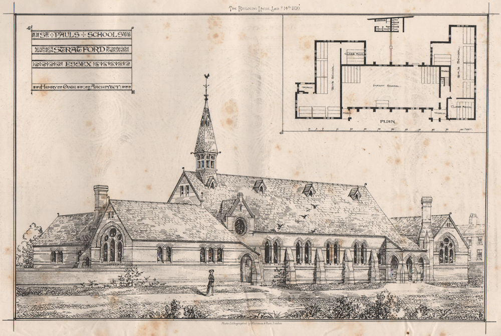 St. Pauls Schools, Stratford Essex; Henry Ough, Architect. London 1870 print
